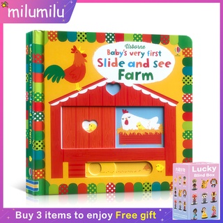 Usborne Babys Very First Slide and See Farm หนังสือเล่มแรกและต้นฉบับภาษาอังกฤษสำหรับฟาร์ม