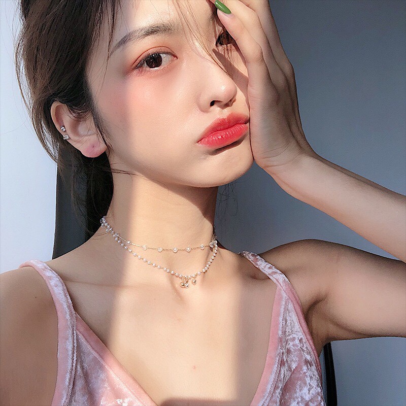 สร้อยคอลูกปัดใสสองชั้นคริสตัลประกาย DCX23