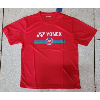 เสื้อแบดมินตันผู้ชายYonex คอกลม สีดำลายทางแดง