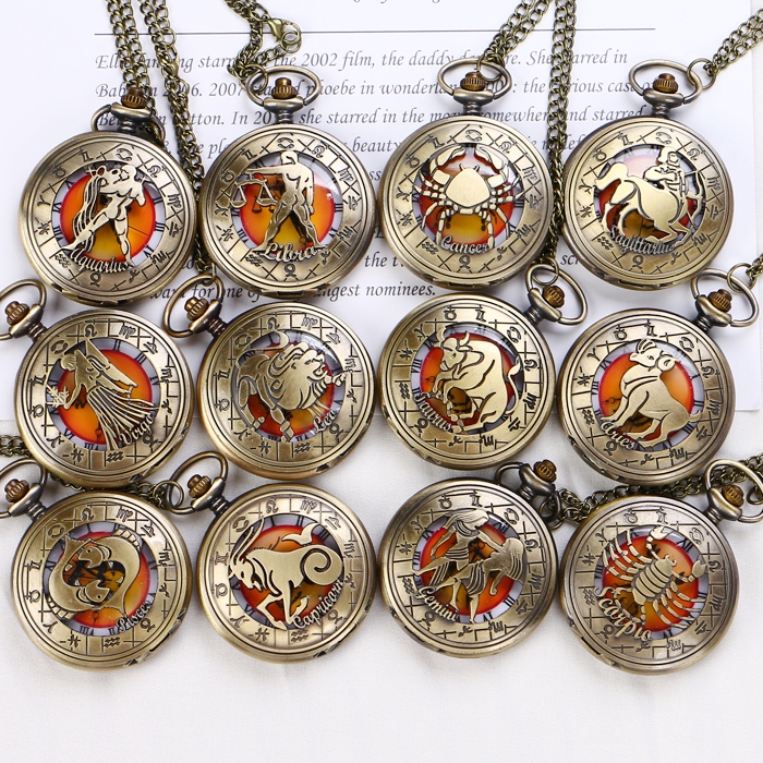 Steampunk 12 Zodiac Constellations Unisex Quartz Pocket Watch Necklace Chain Birthday Gifts