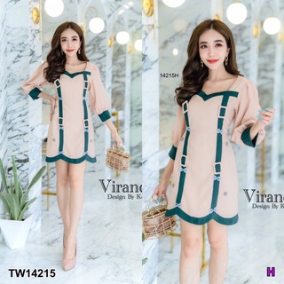 14215 Dress เดรส คอหยัก แต่งสายเข็มขัด Wavy neckline dress with belt