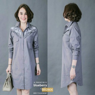 Granddesignplus BB2806*สีเทา*รอบอก 42" เดรสเชิ้ตคอตต้อนโอเวอร์ไซส์กระเป๋าคู่