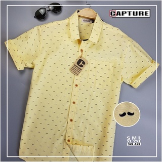 เสื้อเชิ้ตแขนสั้น คอปก ผ้า Oxford ลายหนวด สีเหลือง มีไซส์ถึง 4XL