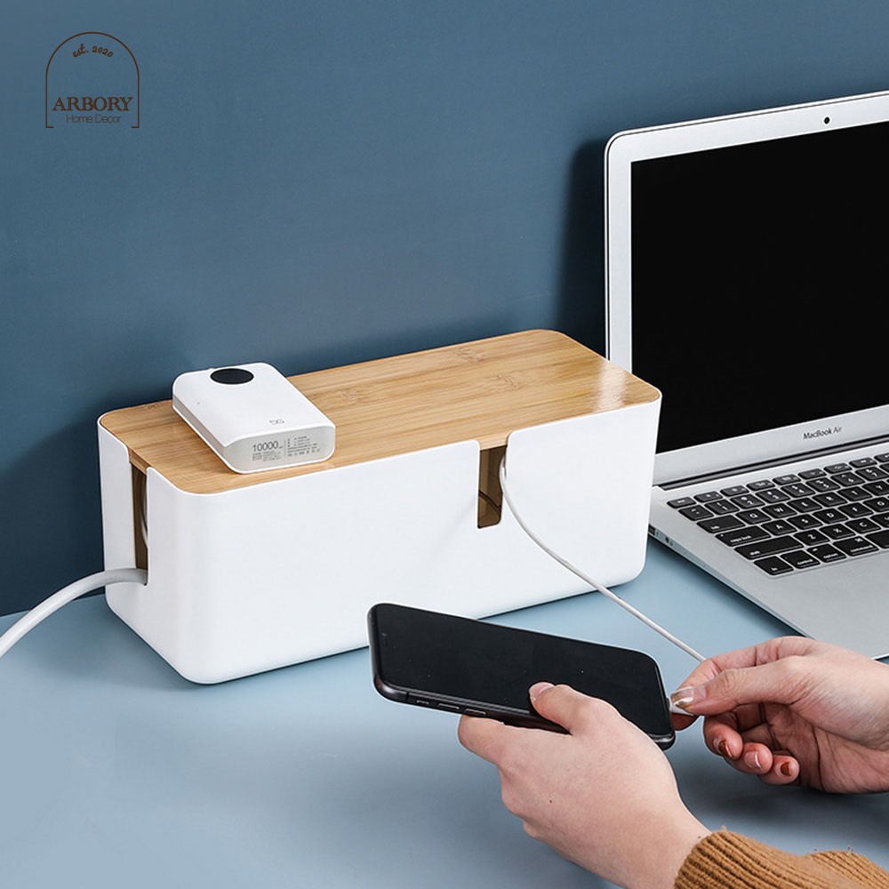 กล่องเก็บสายไฟ ใช้จัดระเบียบปลั๊กไฟ พร้อมฝาไม้ปิด สีเรียบ มินิมอล มีช่องให้ร้อยสายไฟหรือสายชาร์จเข้าออก - รูปที่ 3