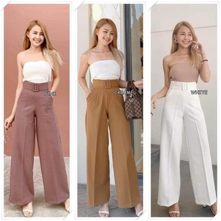 korea pants กางเกงเอวสูง ขากว้าง แต่งเอวเข็มขัด #พร้อมส่ง