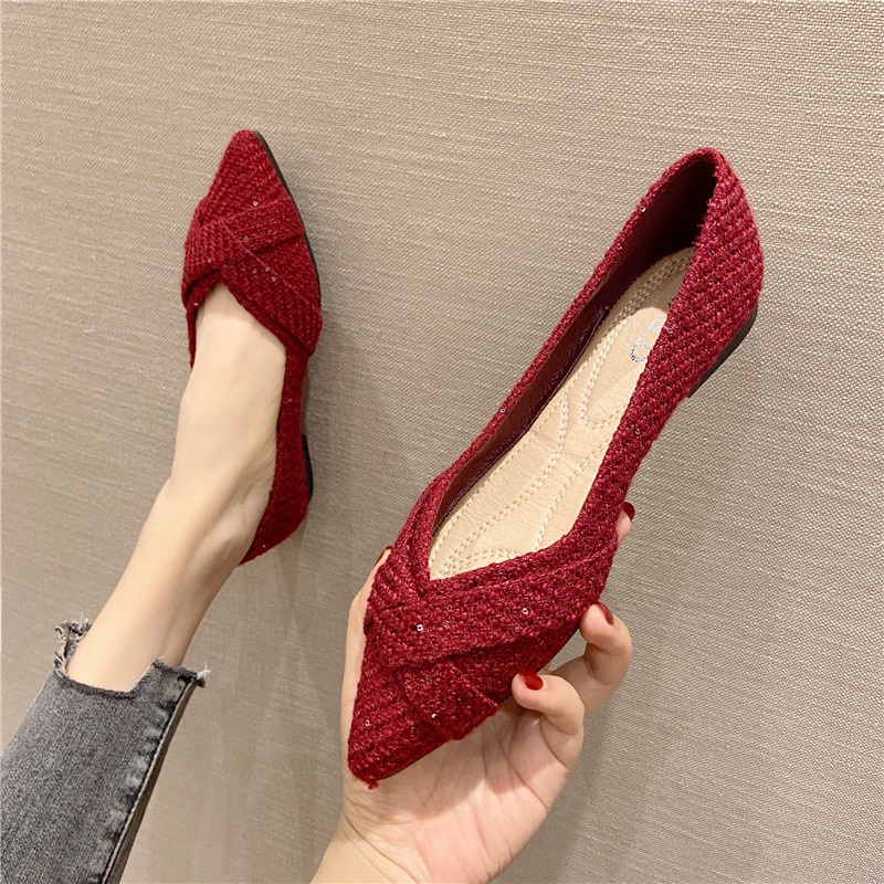 ขนาดใหญ่ (31-46) All-Match Pointed Toe Fairy สไตล์รองเท้าแบนหญิง Peas รองเท้ารองเท้าแต่งงานสีแดงขนาดใหญ่ 46 45 44 43 สบายพนักงานออฟฟิศน้องสาว