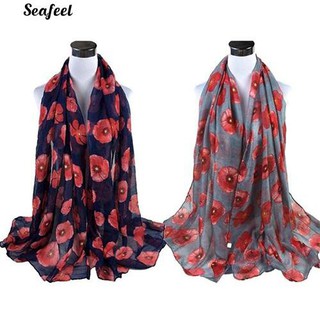 แฟชั่นสีแดง Poppy ดอกไม้พิมพ์ Voile ยาวผ้าพันคอ Beach Wrap Stole Shawl