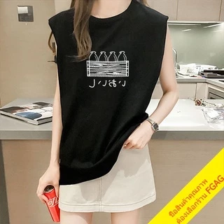 เสื้อยืดแขนกุดผู้หญิง Oversize เสื้อผ้าแฟชั่นวัยรุ่นน่ารัก สไตล์เกาหลี ลายสตรีท สวมใส่สบาย สีขาว M-XXL