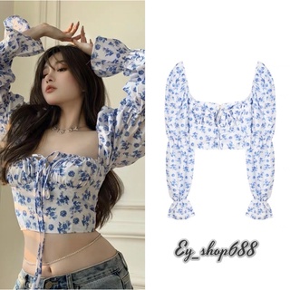 Ey_shop688พร้อมส่ง✨#8888/BO.E#เสื้อเเฟชั้นลายดอกแขนยาว#เสื้อครอปแขนยาวลายดอกไม้แต่วเชือกหน้าสไตล์เกาหลี💕