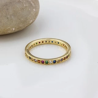 สีสัน Cubic Zirconia Eternity Band แหวนบาง Skinny Birthstone สีรุ ้ งรอบวงกลมแหวนนิ ้ ว