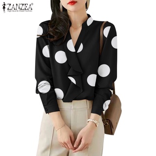 ZANZEA Women Korean Style Polka Dots Long Sleeve V-Neck Ruffles Blouse