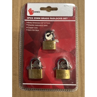 กุญแจคล้องคอสั้นทองเหลือง แพ็ค 3ชิ้น HANDi BRASS PADLOCKS SET