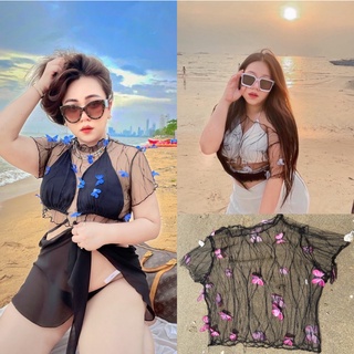 Plus size | พร้อมส่ง เสื้อครอปมุ้งตาข่ายผีเสื้อ  เสื้อซีทรู เสื้อตาข่าย อก40-50นิ้ว *แค่เสื้อตาข่าย*