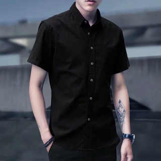 HOT sale Korean Summer Plain Casual Slim Trend Black Shirt Men