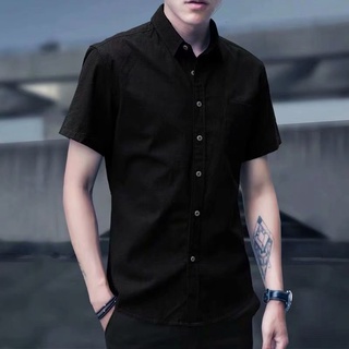 HOT sale Korean Summer Plain Casual Slim Trend Black Shirt Men