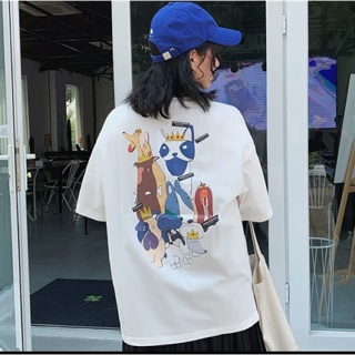 เสื้อ oversize (โอเวอร์ไซส์) งานเกาหลี สีขาว ลายสกรีนการ์ตูนหน้า-หลัง