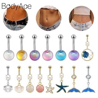 Bodyace จิวสะดือ หน้าท้อง สเตนเลส ห้อยจี้คริสตัล ไข่มุก รูปเปลือกหอย นางเงือก 1 ชิ้น