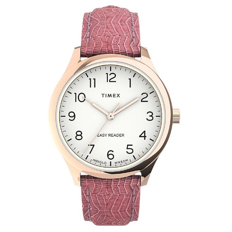 Timex TW2U81000 EASY READER นาฬิกาข้อมือผู้หญิง สายหนัง สีชมพู หน้าปัด 32 มม.