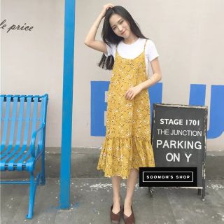 Floral dress เดรสสายเดี่ยวผ้าชีฟอง น่ารัก ใส่สบาย สีเหลืองYellow