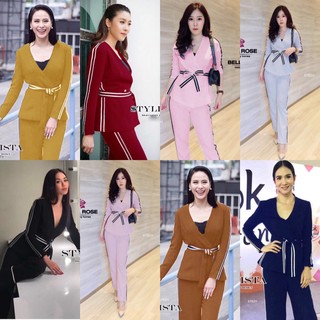 J6782 Set 2ชิ้น เสื้อทรงสูท + กางเกงขายาวตีแถบข้าง + สายผูกเอว suit jacket + long pants with side stripes + waist tie