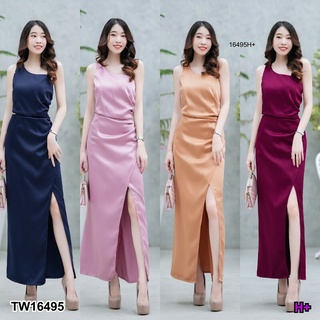 เดรสยาว แขนกุด ไหล่เฉียง เว้าเอว ผ่าหน้า MM16495 Long dress, sleeveless, slanted shoulders, slit waist, front slit