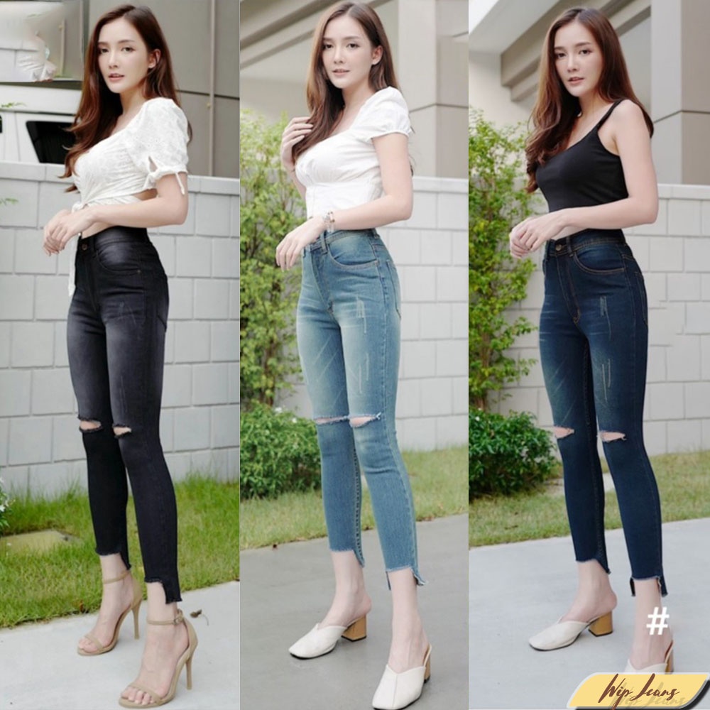 กางเกงยีนส์ผู้หญิงขาเดฟ ขาดเข่า ผ้ายืด เอวสูง ผู้หญิง สกินนี่ skinny jeans