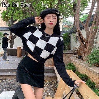 Ruo Bei Xuan เสื้อกันหนาวแขนยาว ผ้าถัก ลายสก๊อต เอวสูง สไตล์เกาหลี สําหรับผู้หญิง