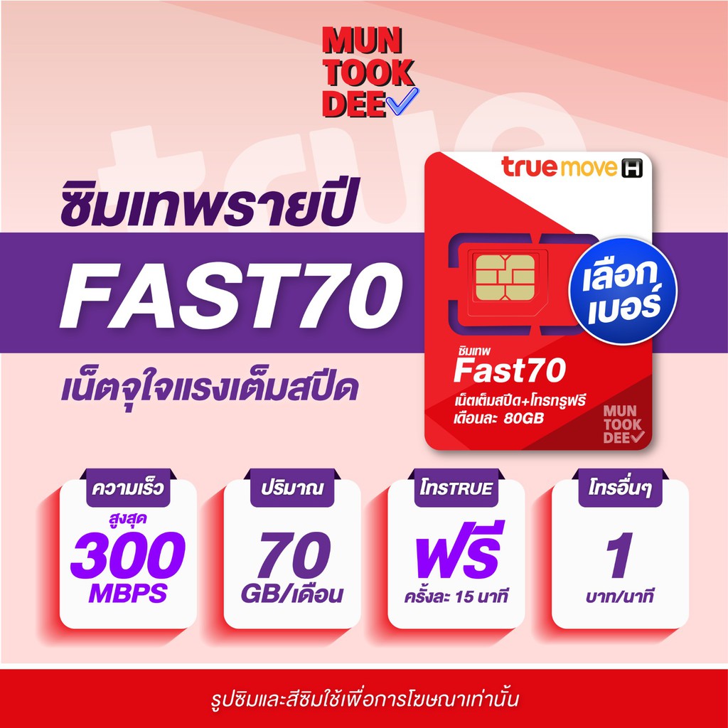 [ เลือกเบอร์ 5 ] Fast70 Sim true โปรเน็ต ซิมเทพ โทรฟรีทรู 70 GB /เดือน ส่งฟรี มันถูกดี เน็ตแรง ฟาสต์