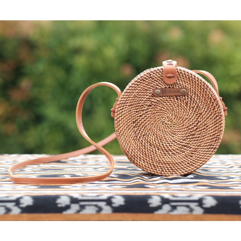 DKLASIK Brown Round Rattan Full Bag/Ethnic Bag/Rattan Sling Bag/Antique Bag/กระเป๋าทรงกลม