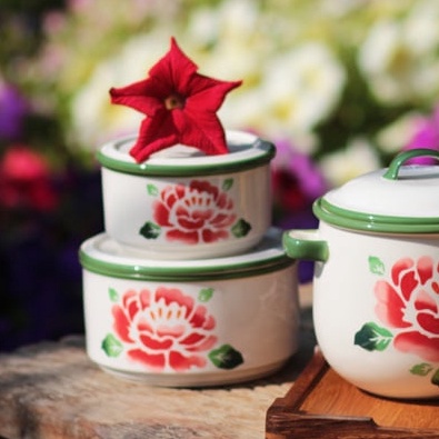 INDRA CERAMIC เซรามิกเข้าไมโครเวฟได้ ปิ่นโต พร้อมฝาปิด 11 ซม. - มีให้เลือก 3 สี ลายดอกถาดวินเทจ