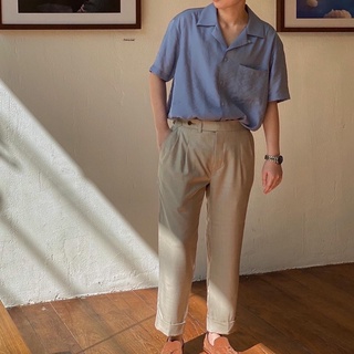 Maze havana shirt เสื้อเชิ้ตแขนสั้น ทรงฮาวาย สีฟ้า เสื้อเชิ้ตผู้ชาย