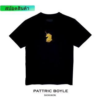 PATTRIC BOYLE / ST / GOLDEN THREAD UNICORN / เสื้อยืด แขนสั้น สีดำ ปักลาย ดิ้นทอง ยูนิคร์อน แฟชั่น  ผ้าฝ้ายแท้