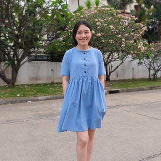 เดรสผ้าฝ้าย เดรสคุณแม่ สีฟ้า