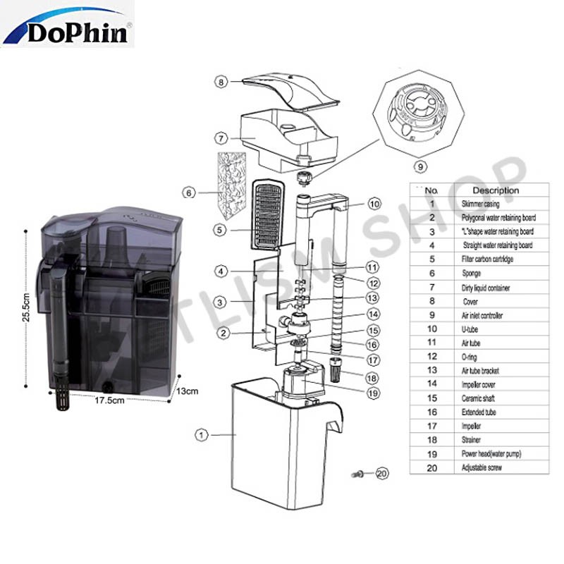 กรองแขวน DOPHIN Skimmer สกิมเมอร์ PS-2012 สกิมเมอร์ชนิดแขวนนอกตู้ ประหยัดไฟ เสียงเงียบ