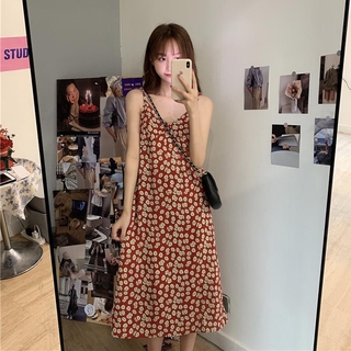 Fulllove สไตล์เกาหลี ชุดกระโปรงสลิงกระโปรงฤดูร้อนใหม่ในช่วงฤดูร้อนปี สีแดง Daisy Dress 813#