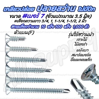 สกรูปลายสว่าน แบบไม่มีปีก (10ตัว หรือ 100ตัว) เกลียวปล่อยปลายสว่าน #เลือกขนาด เบอร์ 7x 3/4 ถึง 2นิ้ว เกลียวปล่อย