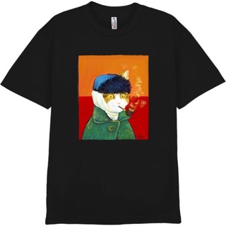 เสื้อยืดลําลองแขนสั้นพิมพ์ลาย van gogcat, van gogparody, cat, เสื้อยืดลําลองแขนสั้นพิมพ์ลาย