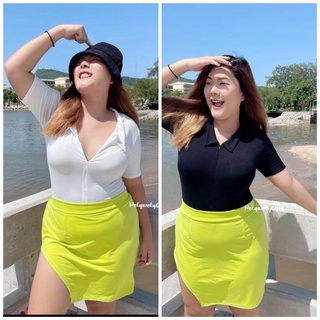 😍สาวอวบ สายแซ่บ 🌶Zip short sleeve plus size bodysuit บอดี้สูทคอปก