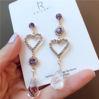 พร้อมส่ง ต่างหูระย้า คริสตัลม่วงสลับหัวใจ เข็มเงินs925