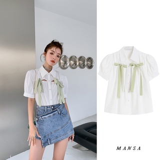 MANSA White Puff Sleeve Bow Shirt เสื้อเชิ้ตโบว์แขนพัฟสีขาว เสื้อน่ารัก เสื้อผู้หญิง