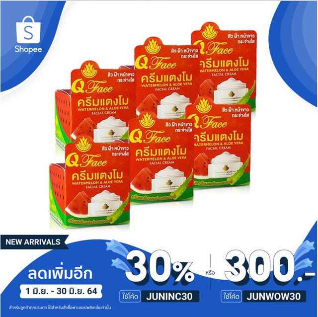 6 ชิ้น / บำรุงผิว แก้ฝ้า ครีมแตงโม คิวเฟส Q-Face Watermelon and Aloevera
