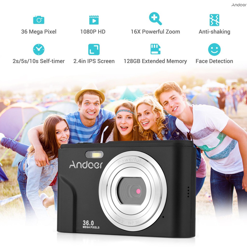 Andoer กล้องดิจิทัล 36MP 1080P หน้าจอ IPS 2.4 นิ้ว ซูม 16x ตั้งเวลาได้เอง หน่วยความจําขยาย 128GB ตรวจจับใบหน้า กันสั่น แบตเตอรี่ในตัว 2 ชิ้น เมาท์ 1/4