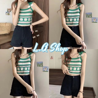 L.A Shop พร้อมส่ง  เสื้อถักไหมพรมสายเดี่ยว ลายทางแต่งดอกไม้ ผูกเชือกตรงสายได้น่ารักๆ "11509"