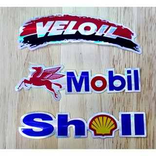 สติกเกอร์ Mobil shell VELOIL สะท้อนแสง ตัวนูน ติดรถ แต่งรถ รถมอเตอร์ไซค์ Bigbike รถซิ่ง รถแข่ง *1 ชุด 3 ชิ้น 3 แบบ*