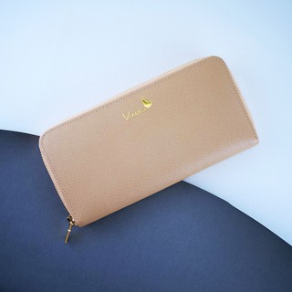 กระเป๋าสตางค์ซิปรอบยาวหนังแท้ Zip Around Long Wallet สีเบจ