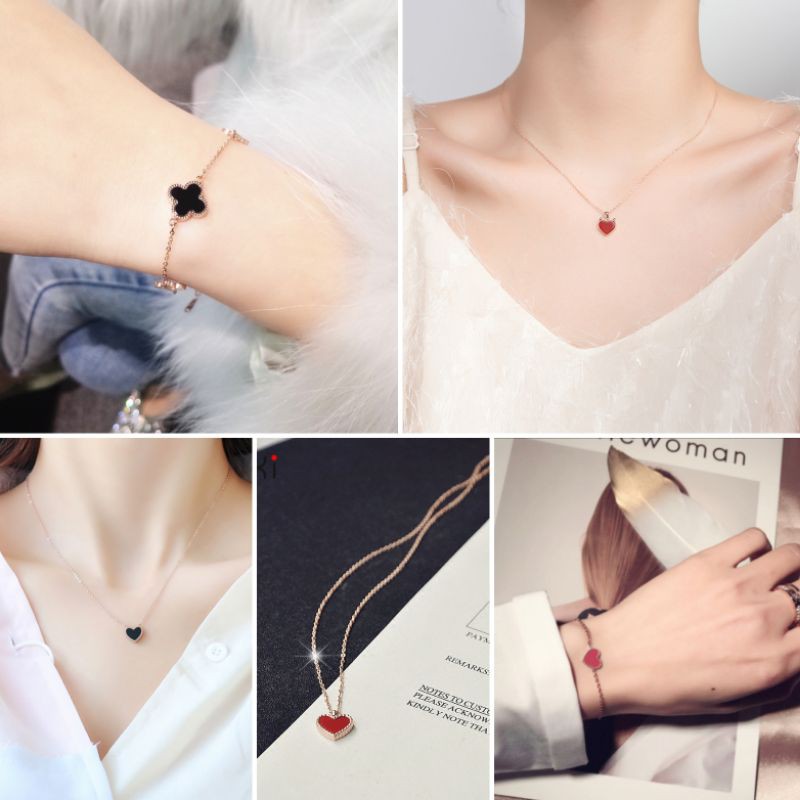 กำไล+สร้อยคอแฟชั่น กำไล+สร้อยใบโคลเวอร์ ใบไม้แห่งความโชคดี สร้อยหัวใจ สร้อยคอผู้หญิง