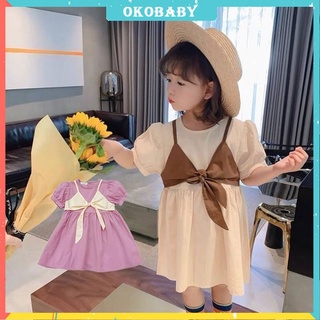 OKOBABY🌈พร้อมส่ง🌈ชุดเดรสเจ้าหญิง แขนสั้น ประดับโบว์ สไตล์เกาหลี สําหรับเด็กผู้หญิง อายุ 0-4 ปี