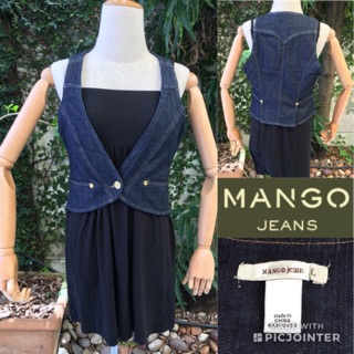 2sis1bro แบรนด์แท้ Mango Jeans เสื้อกั๊กยีนส์ คอแหลม มือสอง พร้อมส่ง sz L