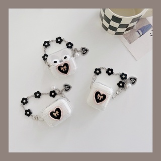 เคสหูฟัง ลายหัวใจ ประดับเพชร สีดํา พร้อมสร้อยข้อมือ สําหรับ airpods 1 2 3 pro