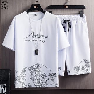 YOYO ชุดแฟชั่นชายเสื้อยืดแขนสั้น + กางเกงขาสั้น ผ้าแห้งเร็วห…